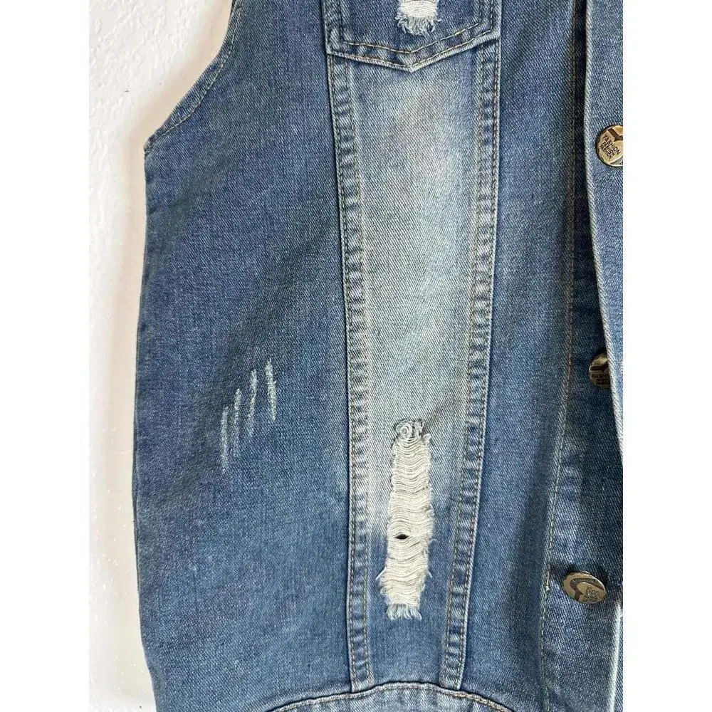 Distressed Denim Motorcycle Jacket Ripped Slashed Patched
